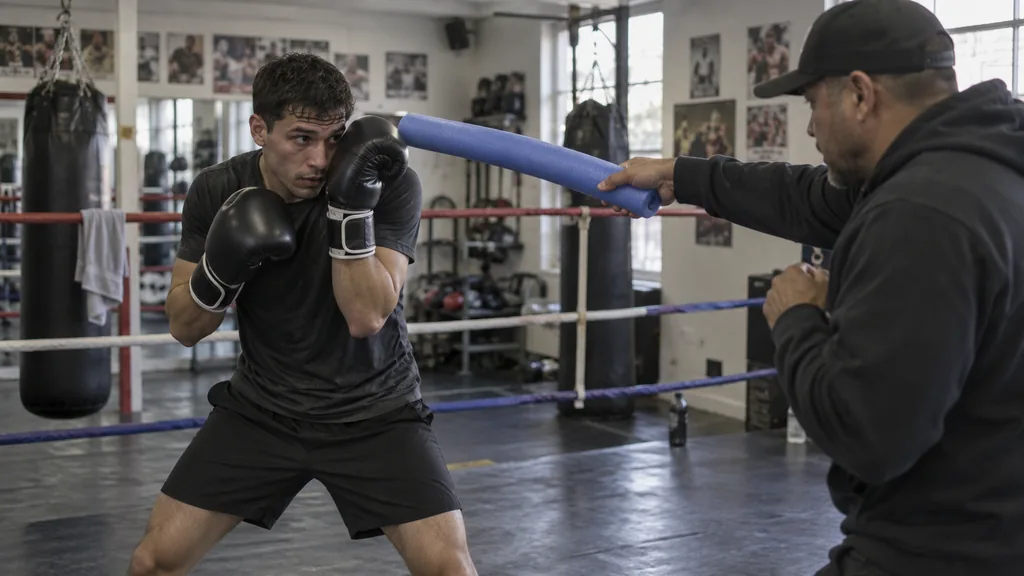 Adult boxer using a compact rear-hand block against a slow foam-noodle jab cue while keeping the lead glove in guard during a coached gym drill