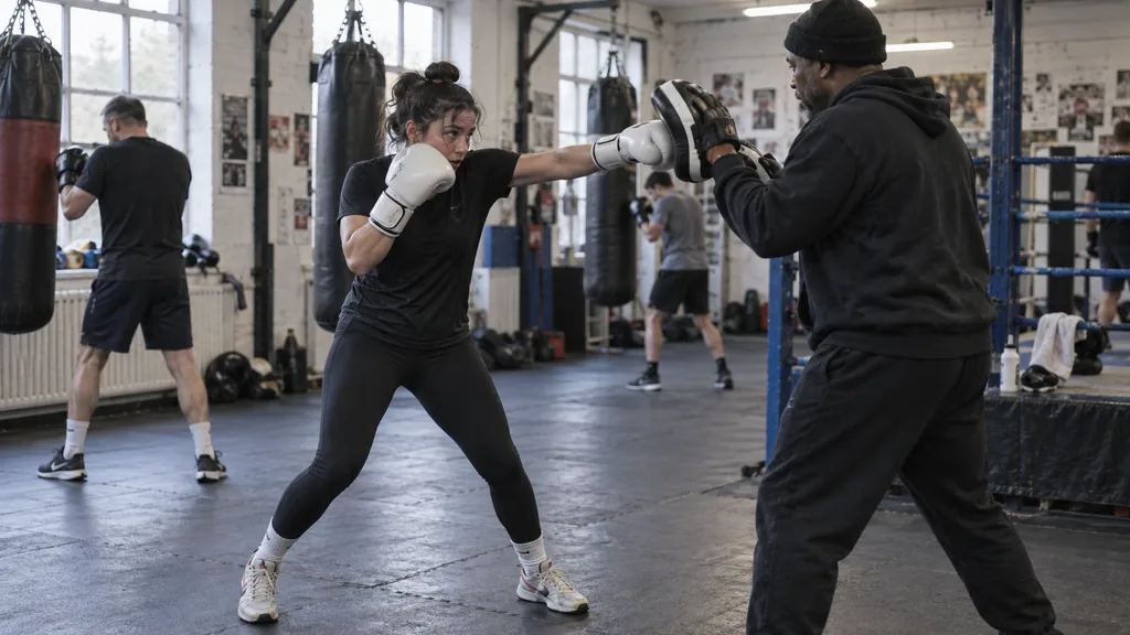 Adult recreational boxer landing a measured jab on focus mitts after a defensive reset, with the rear glove returning to guard in a community boxing gym