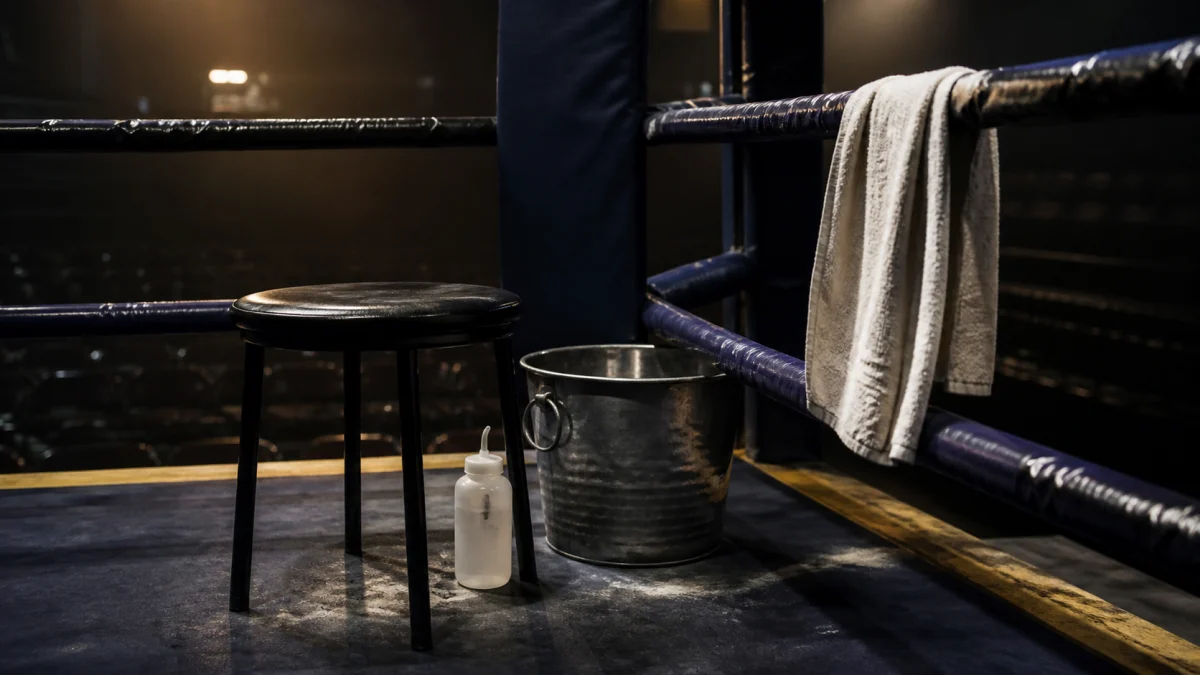 An empty boxing corner after a long fight, with a stool, towel and water bucket