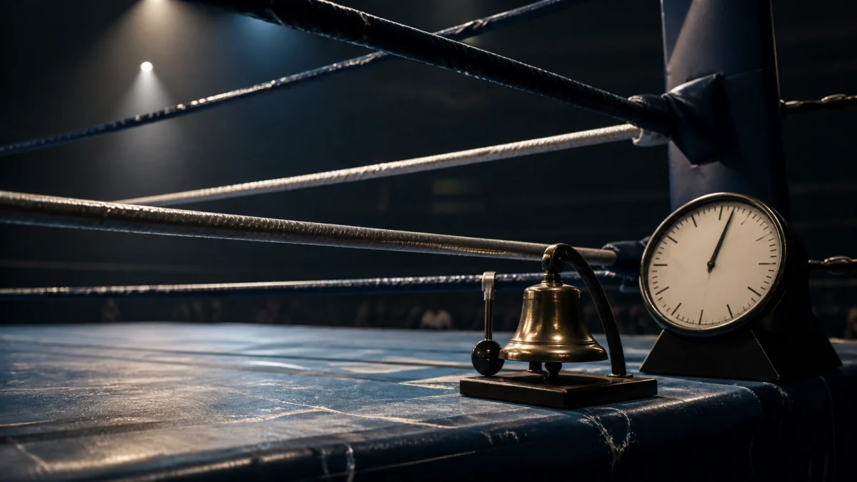A boxing round bell and interval clock beside an empty ring
