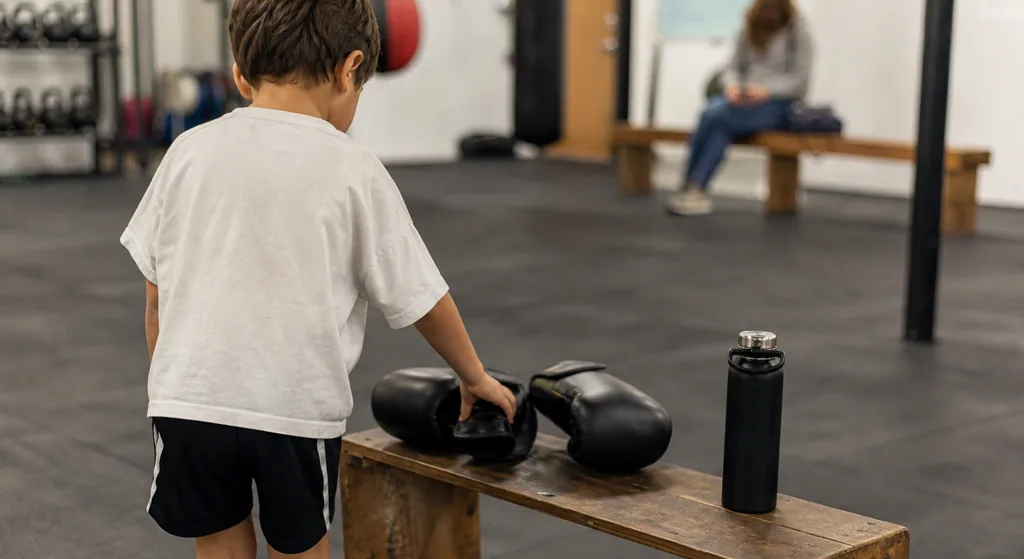 Child seen from behind setting down boxing gloves before a first class