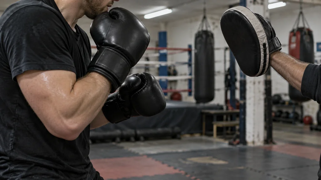 Adult recreational boxer lightly touches a coach-held mitt with a relaxed lead jab in a working community boxing gym
