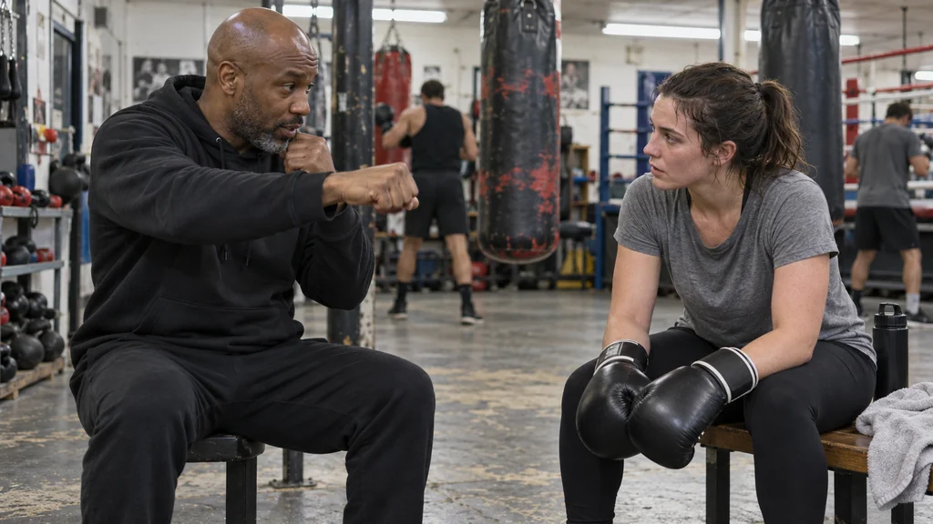 Coach explains a light lead-hand rhythm to an adult recreational boxer between technical rounds in a modest boxing gym