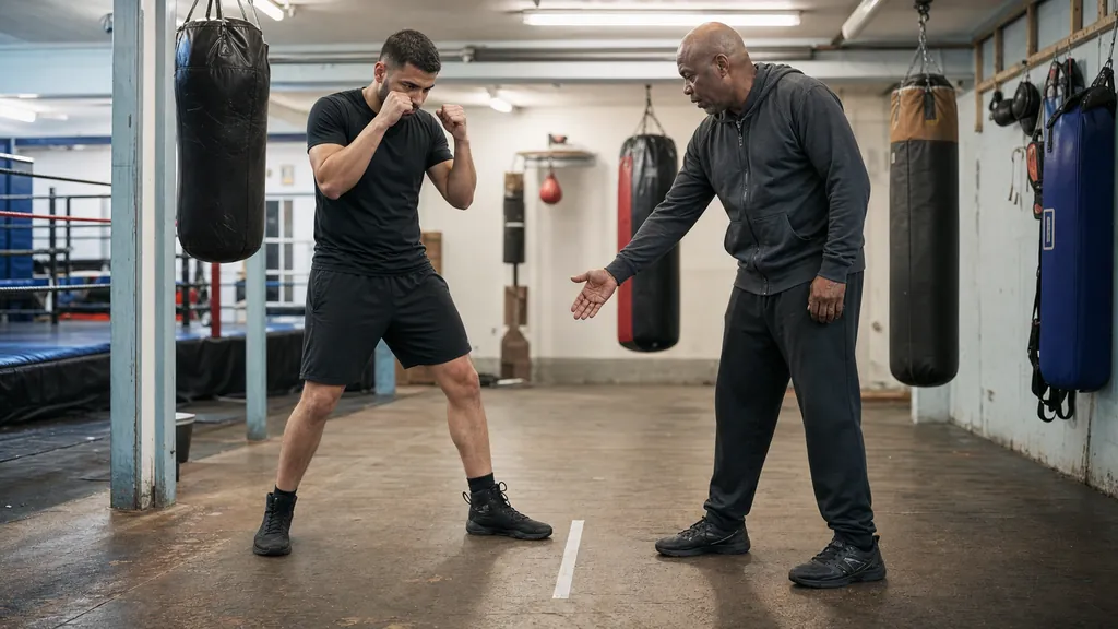 Adult boxer checking foot placement along a taped floor line in a modest community boxing gym
