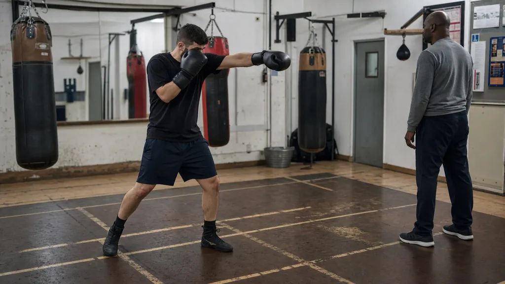 Coach watching an adult beginner hold a balanced boxing stance beside a marked floor line