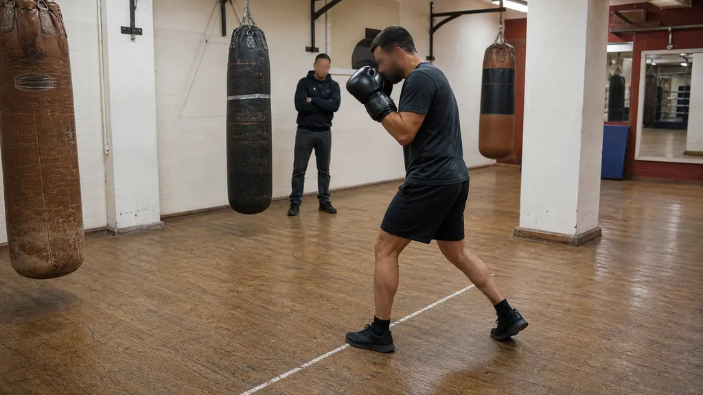 Adult boxer resetting an offset boxing stance beside a taped floor line after a controlled combination