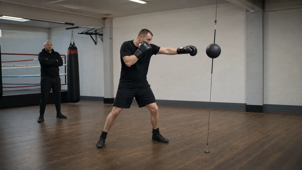 Beginner boxer practising a controlled single jab on a floor-to-ceiling ball while a coach observes