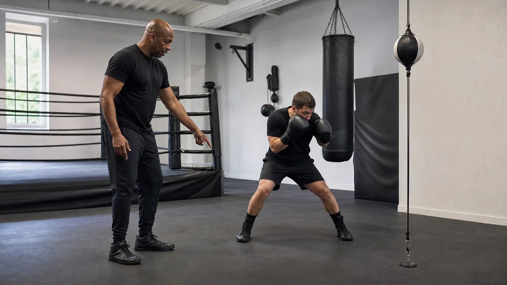 Coach guiding an adult boxer through a small guarded slip beside a floor-to-ceiling ball