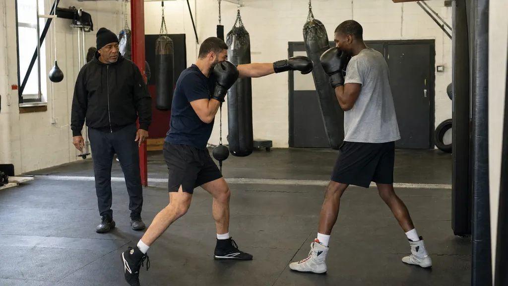 Two adult boxers practising controlled forward movement and balanced distance in a community boxing gym