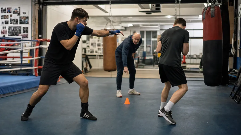 Adult boxer taking a measured lead-foot step while a coach watches stance width during a technical drill