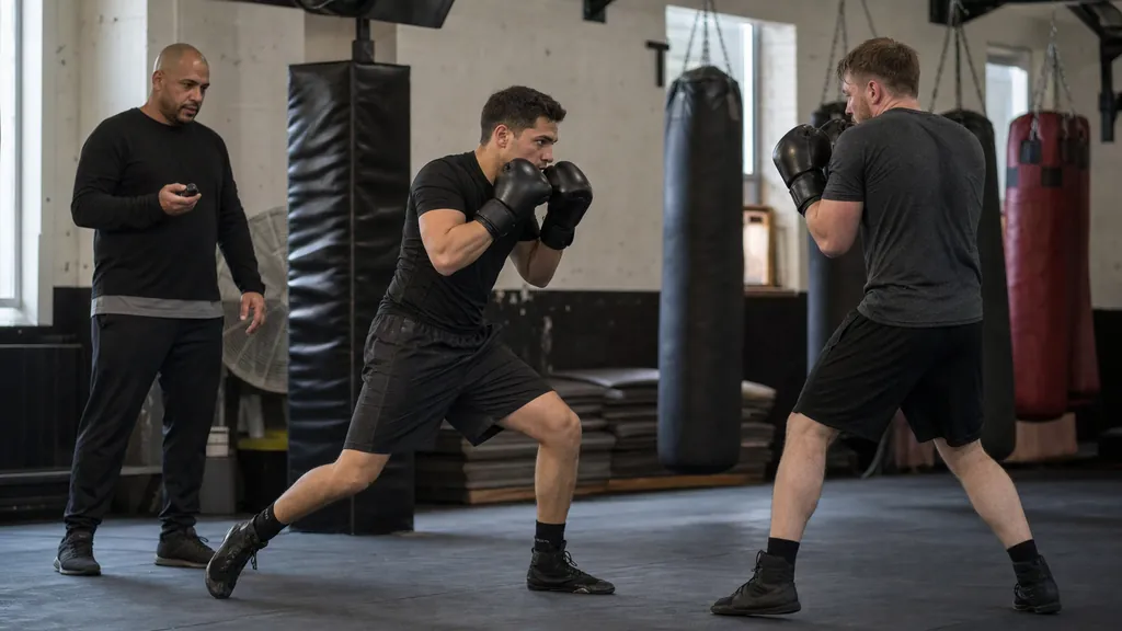 Anonymous adult boxer using a light lead-hand touch to measure a retreating partner while a coach marks the distance