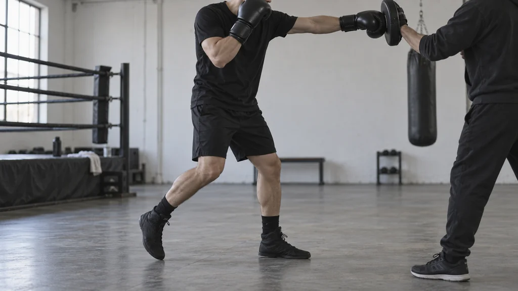 Anonymous adult boxer using a controlled forward stance shift behind a light jab to coach-held focus mitts in a community boxing gym