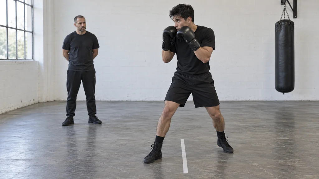 Anonymous adult boxer pausing in a balanced opposite stance after a forward shift as a coach checks the guarded position in a community boxing gym