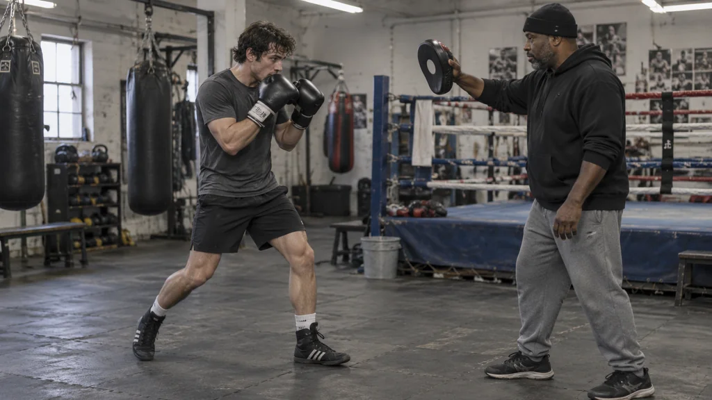 Adult boxer using a compact front step shuffle to move to an outside angle during a controlled technical drill in a community boxing gym