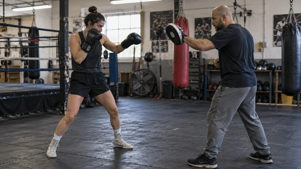 Coach holding a focus mitt while an adult boxer settles into a balanced stance after a front step shuffle, hands high and eyes forward