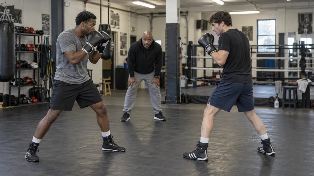 Two adult boxers practising a slow front step shuffle and guarded reset at safe range while a coach observes their foot placement