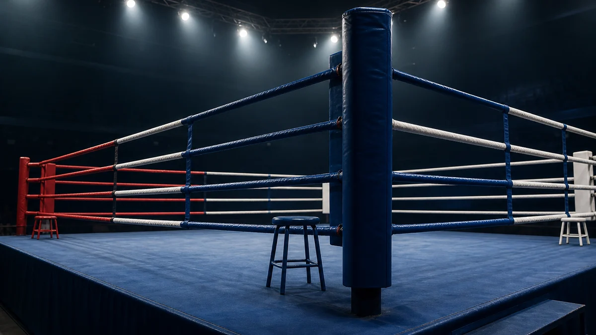 Illustrative empty boxing ring before a heavyweight fight night