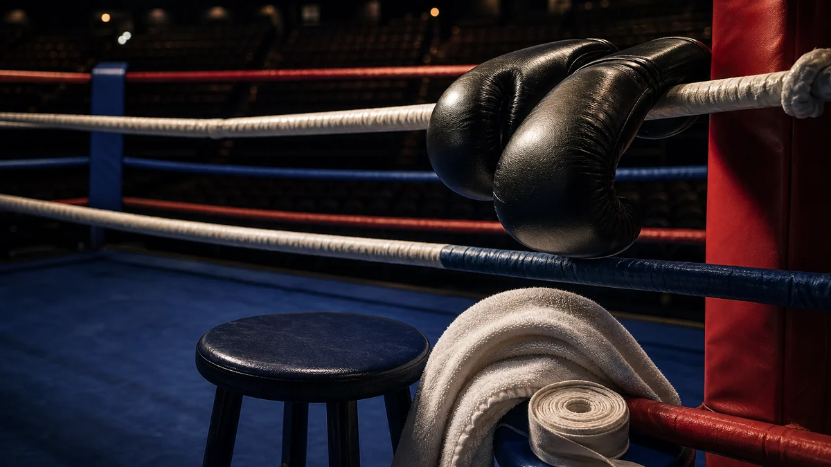 Illustrative ringside boxing gloves before a heavyweight fight