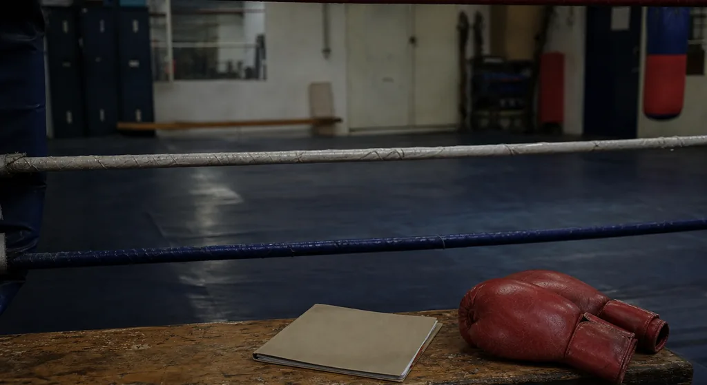 Plain boxing gloves beside a contract folder in a quiet local boxing gym