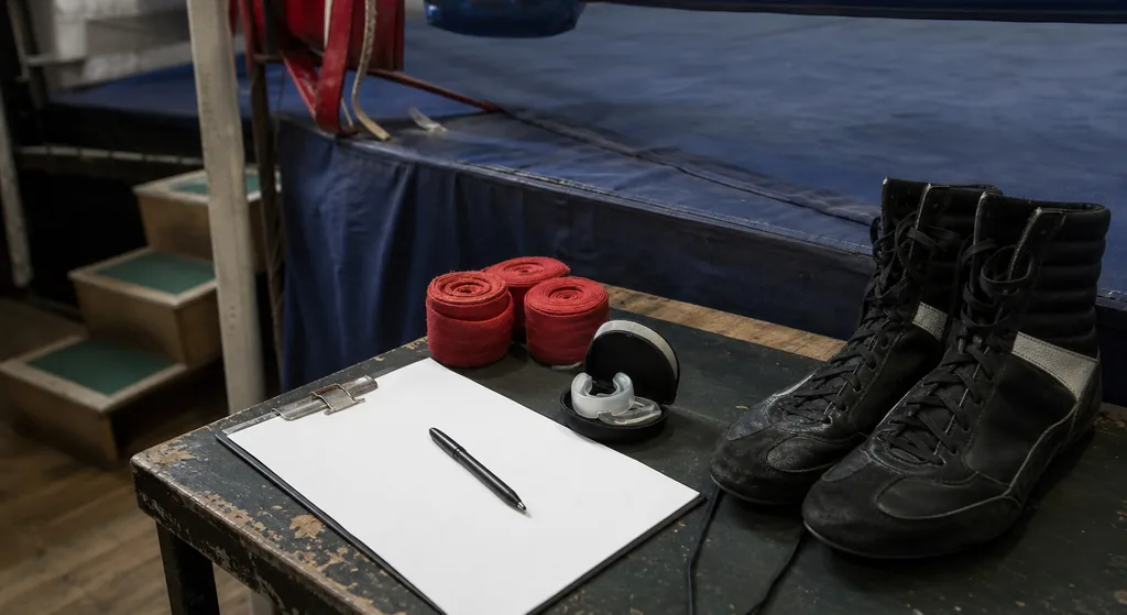 Hand wraps, boots and a plain clipboard beside ring steps before training
