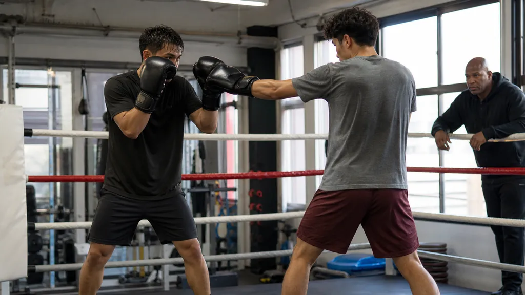 Two adult boxers rehearsing a light rope-pressure drill while the defender watches through a high guard and prepares to step out