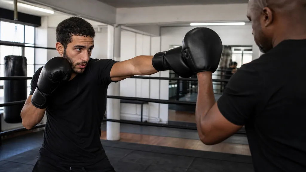 Coach supervising an adult boxer pivoting from the ropes into open ring space before placing a controlled jab on a focus mitt