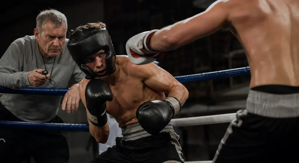 Two generic flyweight-style boxers working on foot position and distance in a modest boxing gym