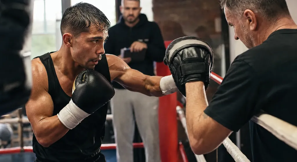 A coach using pads to teach punch selection and calm combinations to an adult beginner boxer