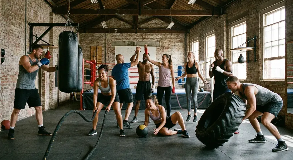Group boxing conditioning drill in a community boxing club