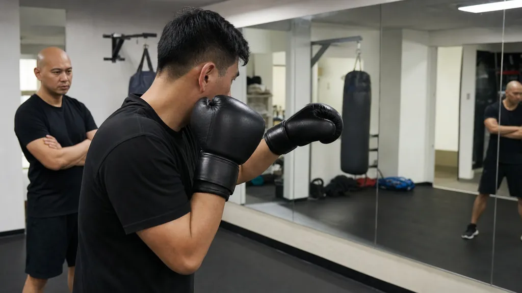 Adult boxer practising a compact half-jab position in front of a gym mirror