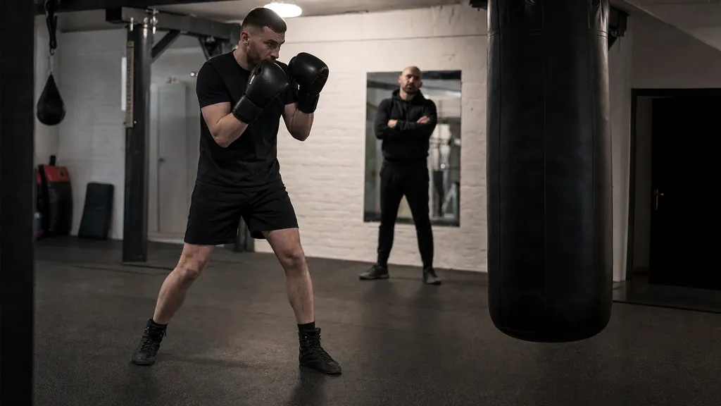 Adult boxer resetting to a compact guard beside a heavy bag after a short lead-hand check