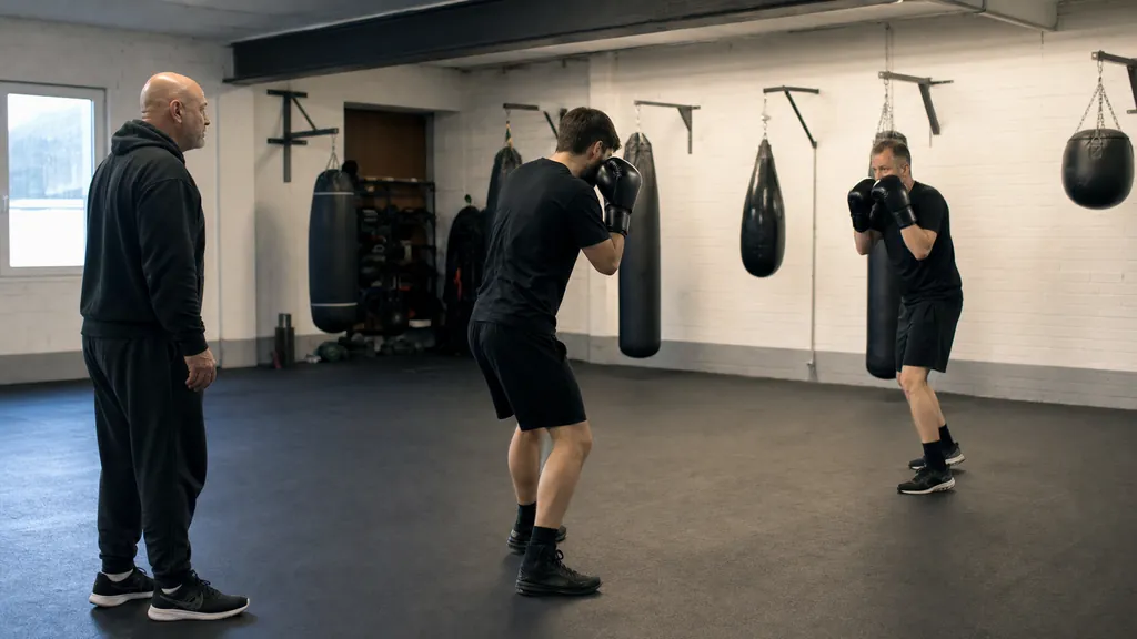 Coach supervising two adult boxers during a slow non-contact range and response drill
