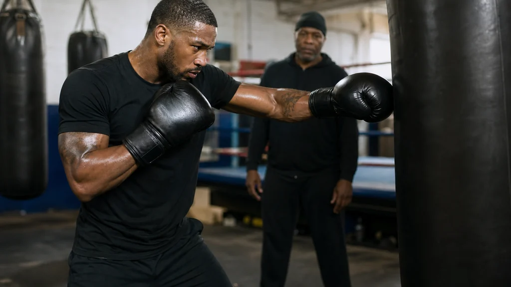 Adult boxer working controlled heavy bag punches while keeping shape and guard