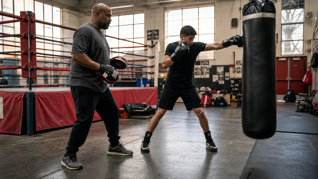 Boxer stepping in behind a jab before placing a controlled punch on the heavy bag