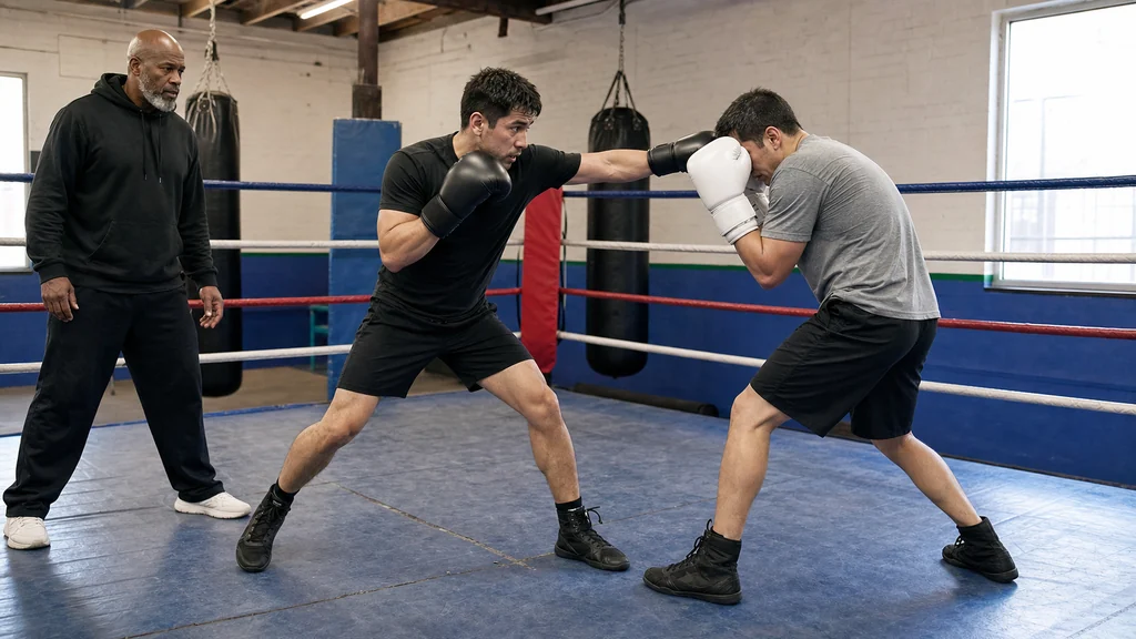 Coach watching adult boxers test bag-work habits during controlled partner practice