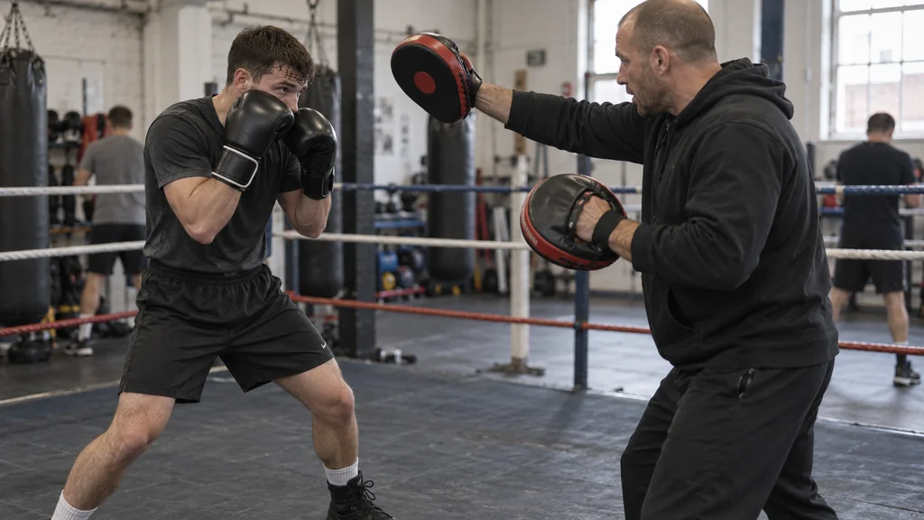 Adult boxer holding a compact high guard during a calm focus-mitt drill in a community boxing gym