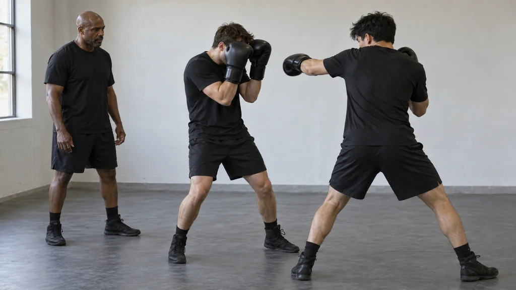 Coach holding a focus mitt while an adult boxer practises a controlled high-guard defensive position
