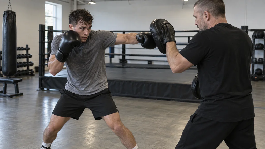 Two adult boxers working a controlled high-guard drill while a coach supervises the distance