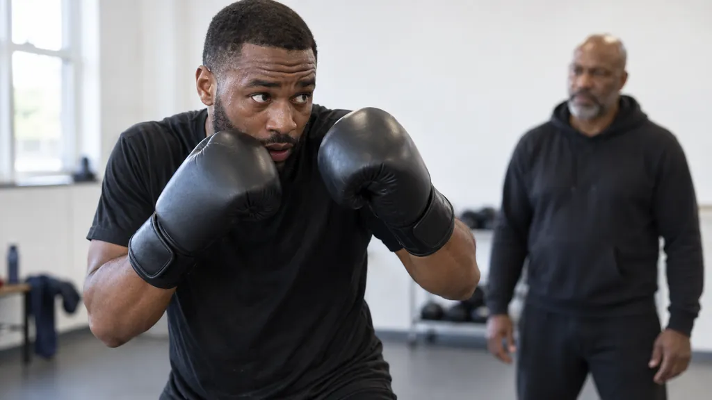 Adult boxer holding an organised high guard while a coach watches a technical movement drill