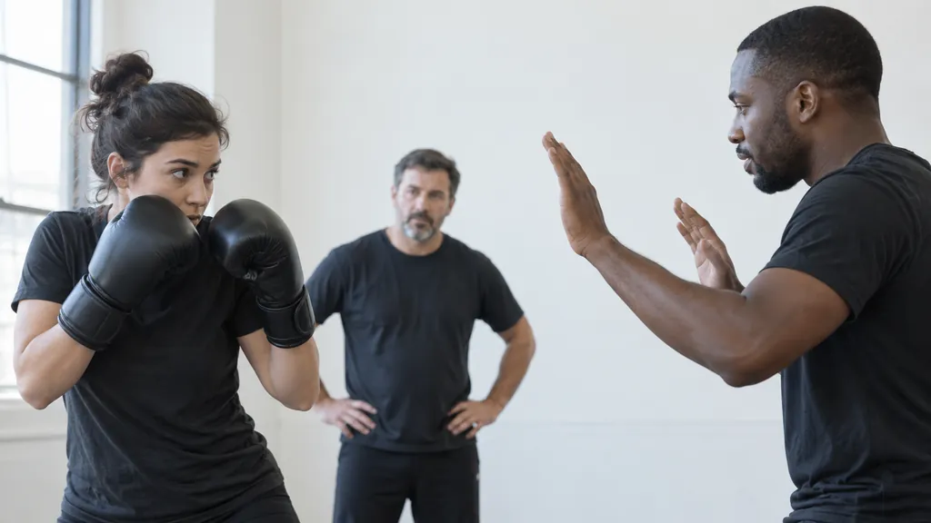 Adult boxers using an open-hand visual cue and a compact high guard during a no-contact partner drill