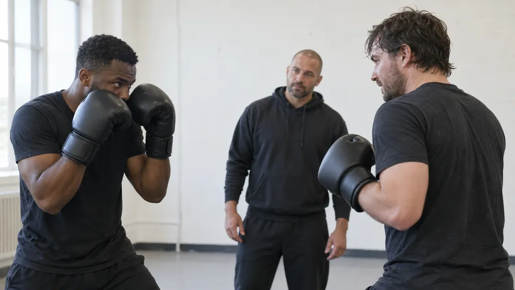 Two adult recreational boxers resetting at safe range after a slow defensive drill while a coach observes