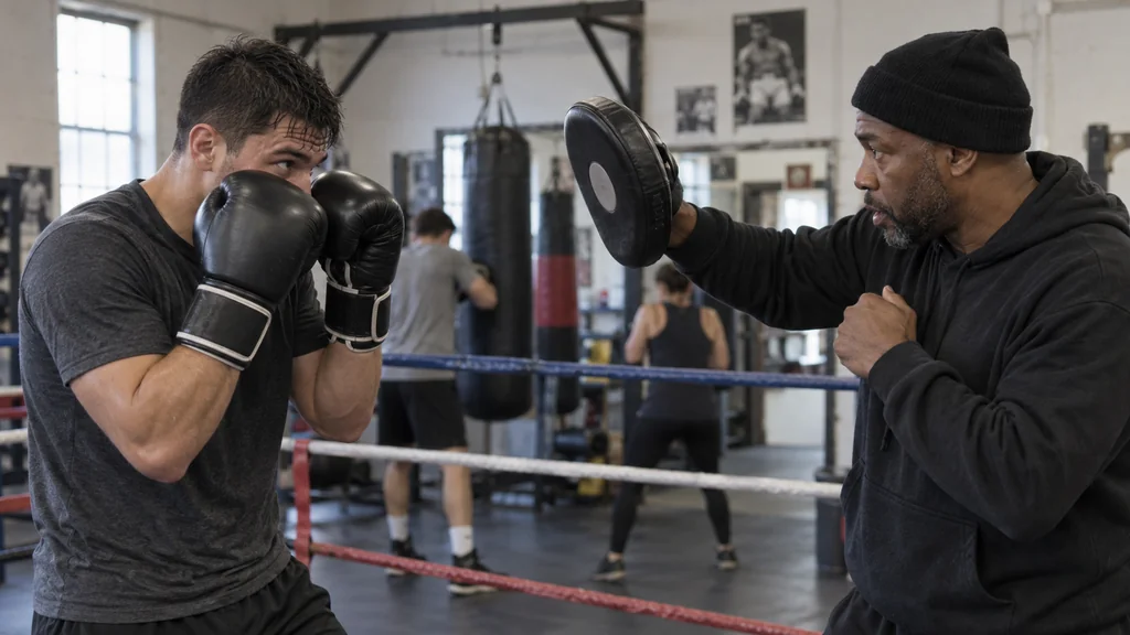 Two adult boxers working a controlled closed high-guard drill against a straight focus-mitt cue