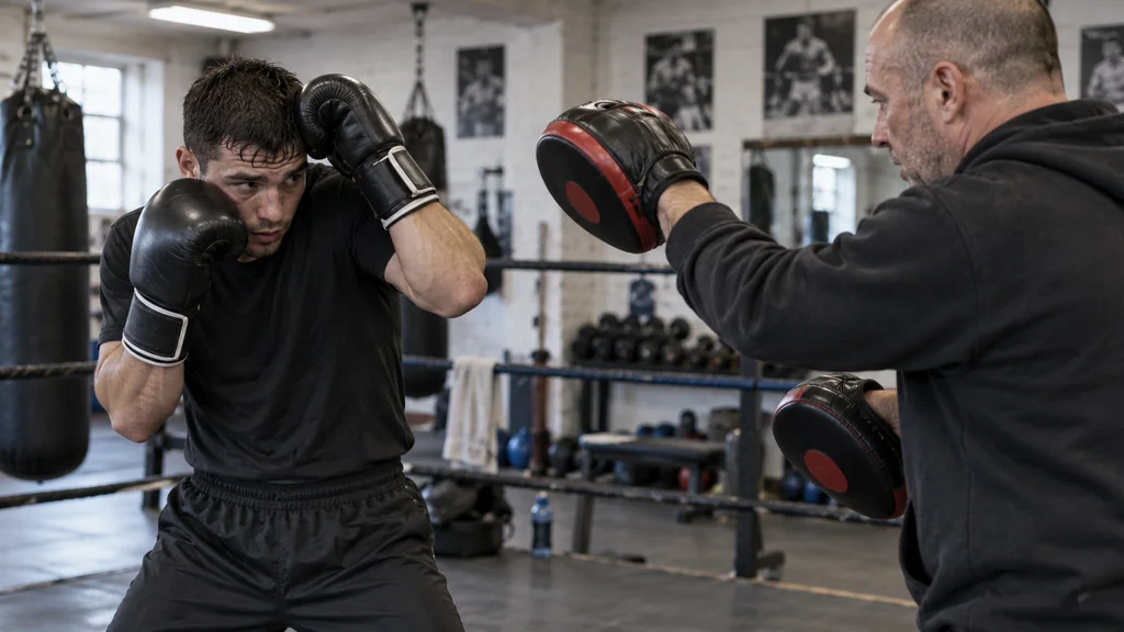 Adult boxer using a safe open high guard against a coach-held hook mitt in a technical gym drill