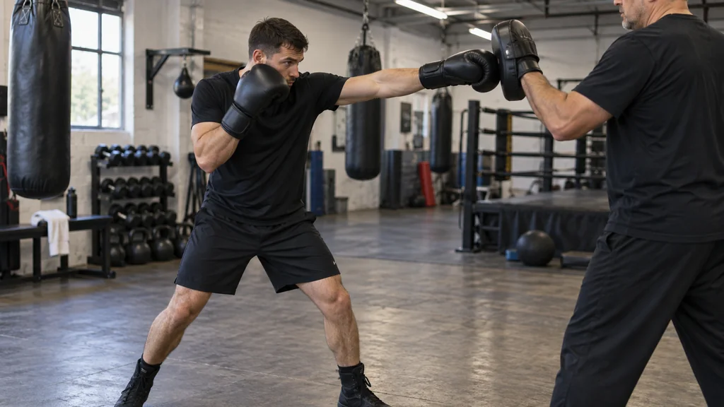 Adult boxer landing a controlled low-to-high lead-hand jab on a plain focus mitt while the rear glove stays by the cheek