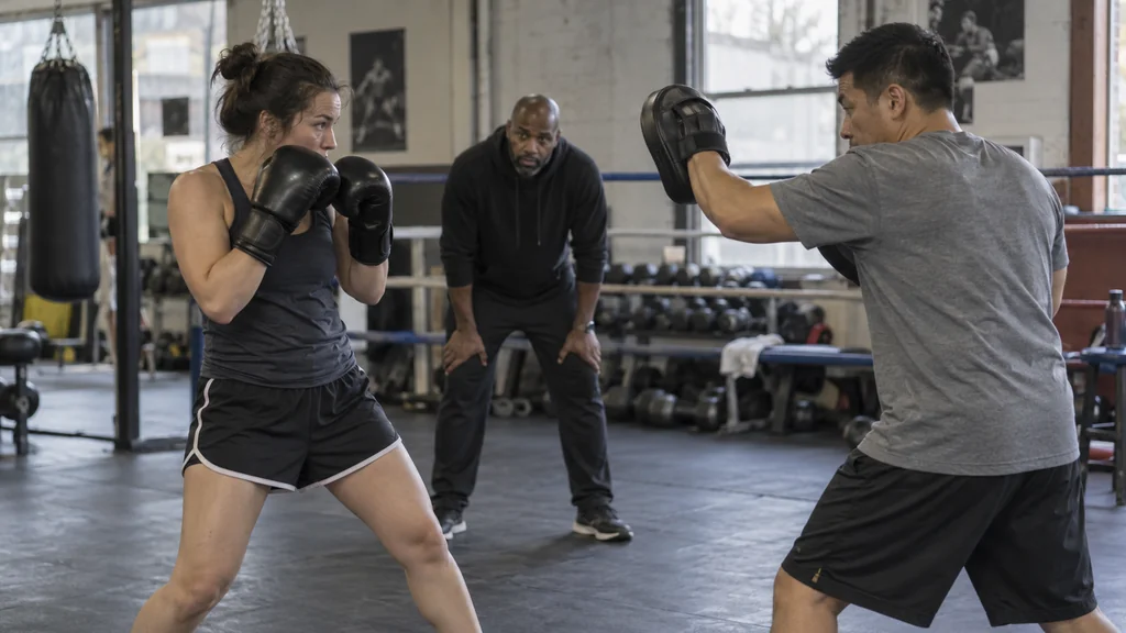 Adult recreational boxers finishing a controlled range drill with compact guards while a coach watches their balance