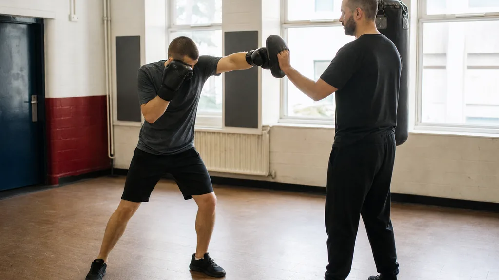 Adult recreational boxer working a compact short hook to a coach-held mitt with the other glove held close to guard