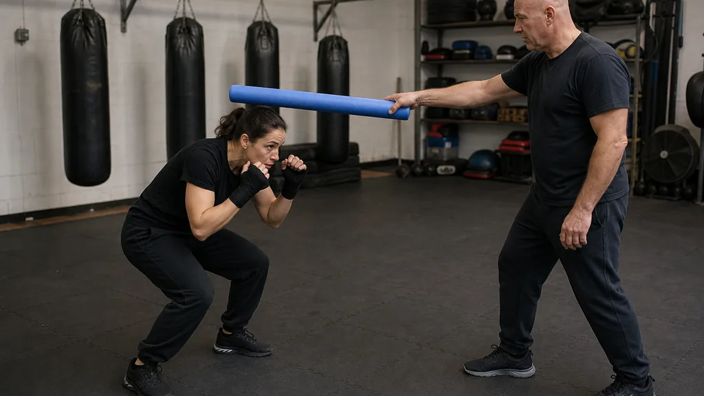 Adult boxer using a compact knee-bend duck beneath a slow padded coaching cue with eyes forward and guard close