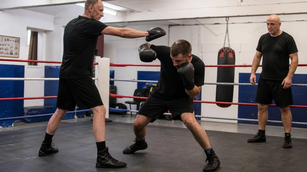 Two adult recreational boxers using a slow hook-and-duck technical drill beneath a padded cue while a coach supervises in a plain boxing gym