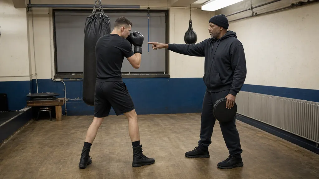 Anonymous adult boxer returning to a high guard after a compact lead hook while a coach points out the hand position