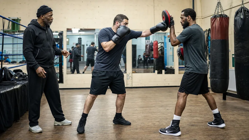Coach supervising two adult boxers during a low-contact hook-jab and reset drill in a community boxing gym